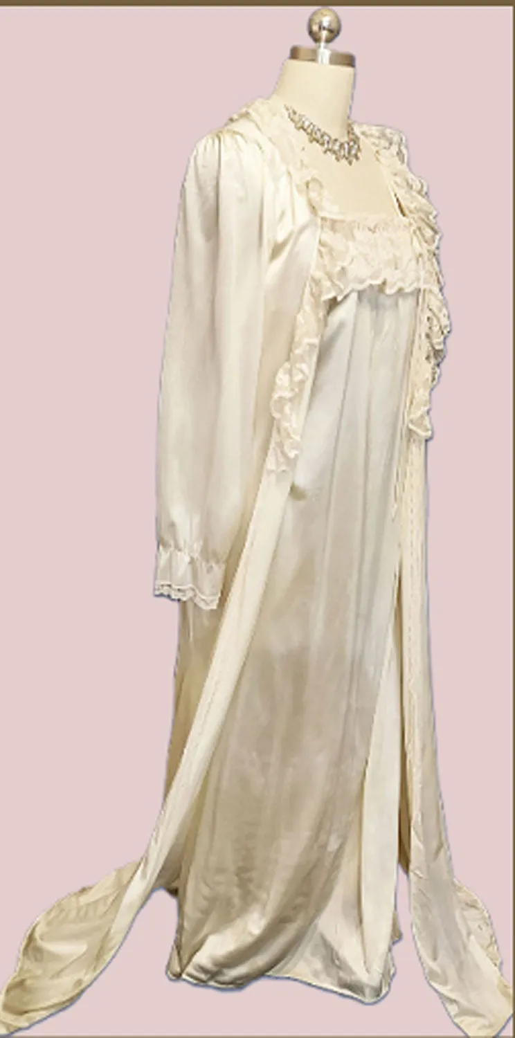 * VINTAGE TOM BEZDUDA FOR BARAD & CO. EYELET BRIDAL TROUSSEAU PEIGNOIR & NIGHTGOWN SET IN VENETIAN IVORY