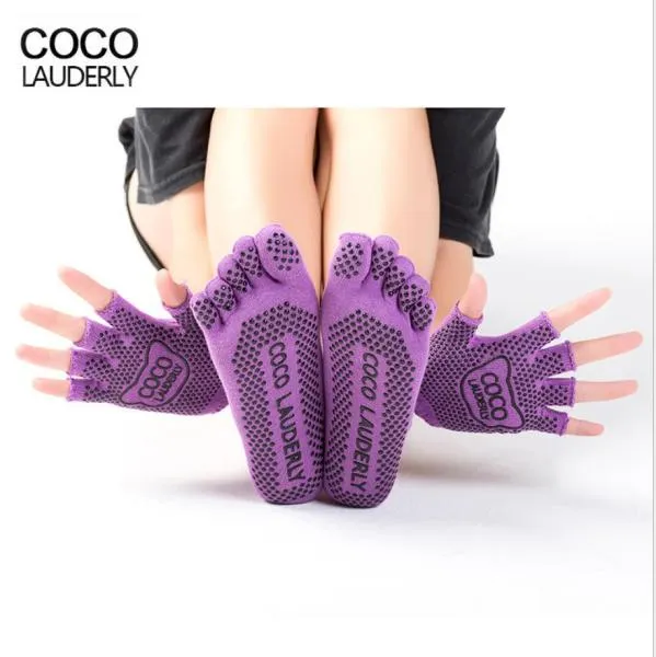 1 Set Yoga Socks Gloves Women Non-slip Five Finger Toe Socks Pilates Massage Athletic Sport Socks Gloves Set