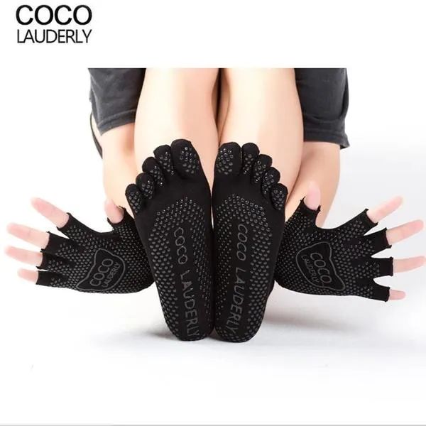 1 Set Yoga Socks Gloves Women Non-slip Five Finger Toe Socks Pilates Massage Athletic Sport Socks Gloves Set