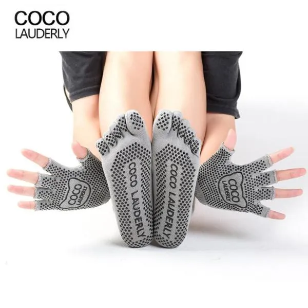 1 Set Yoga Socks Gloves Women Non-slip Five Finger Toe Socks Pilates Massage Athletic Sport Socks Gloves Set