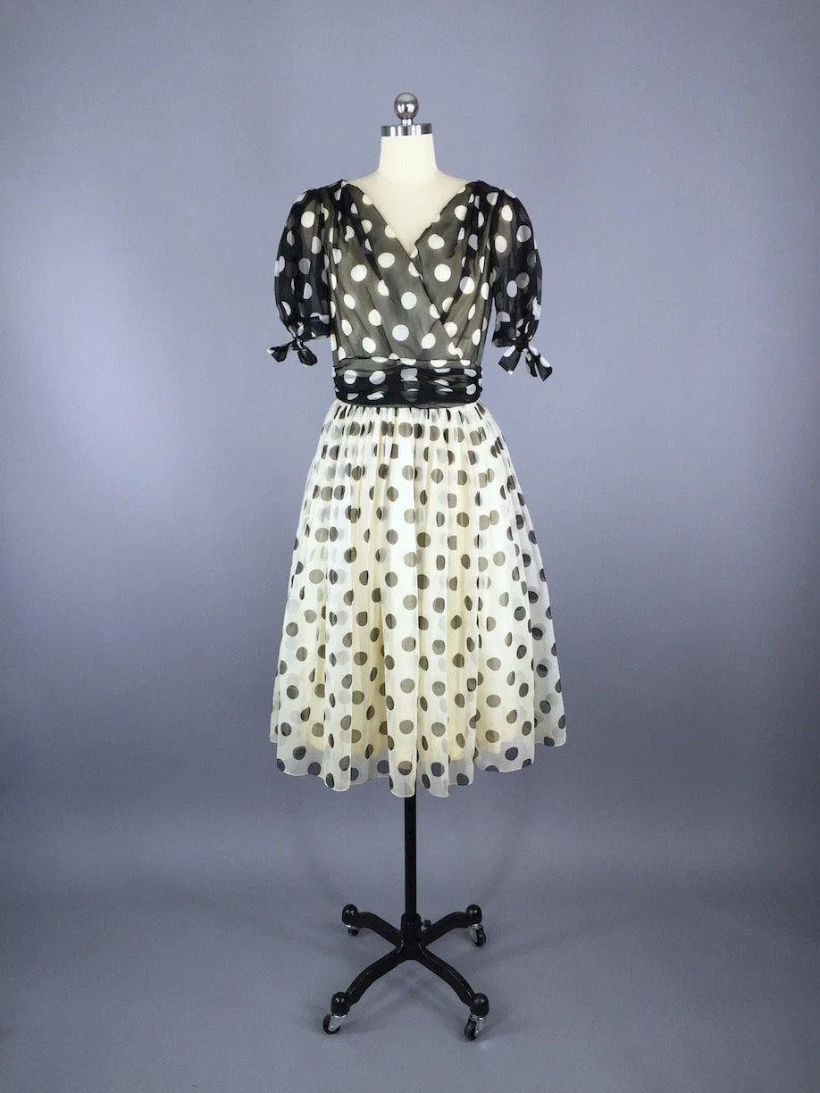 1950s Vintage Polka Dot Chiffon Party Dress