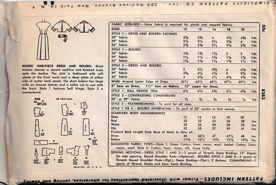 1951 One-piece Dress and Bolero, Original Simplicity 3838 34" bust