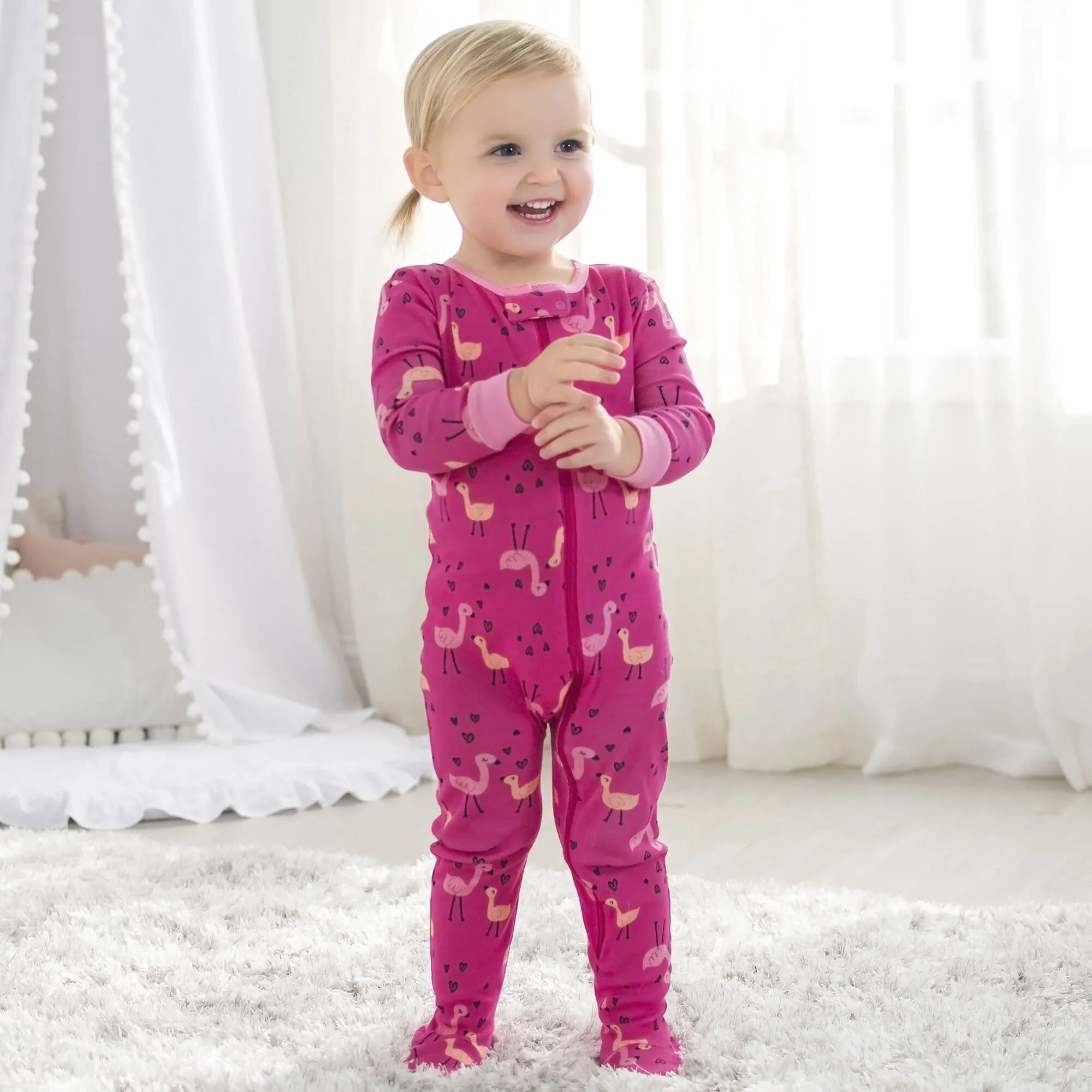 2-Pack Girls Flamingo Snug Fit Footed Cotton Pajamas