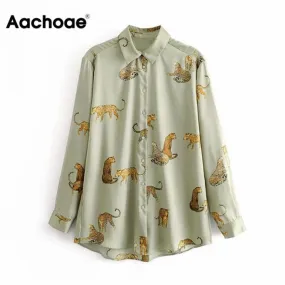 2021 Aachoae Leopard Woman's Turn Down Collar Blouse Long Sleeve  Size XS - Plus Size