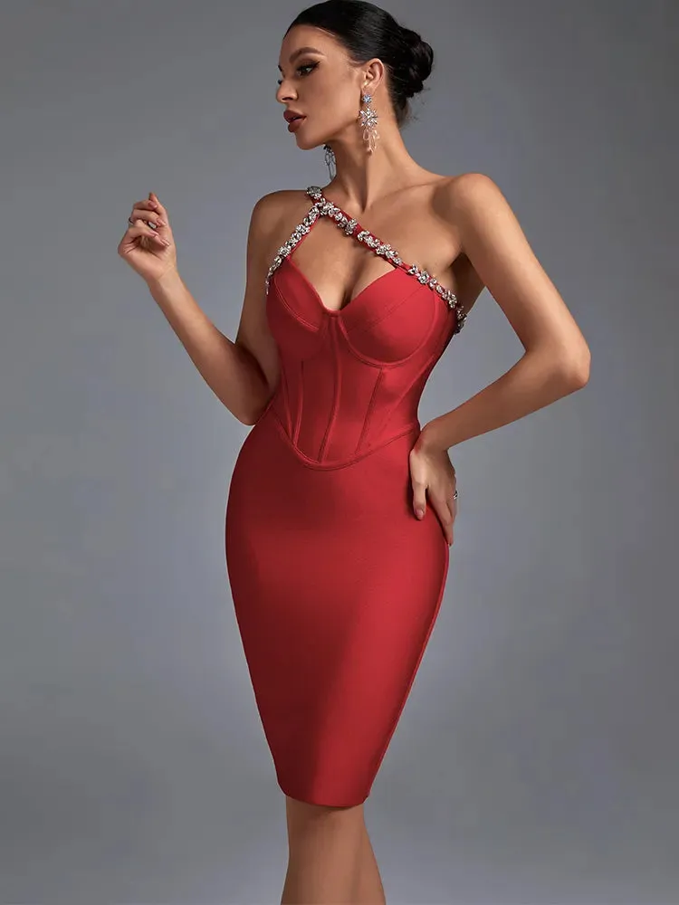 2024 Crystal Red Halter Neck Midi Evening Party Bodycon Dress