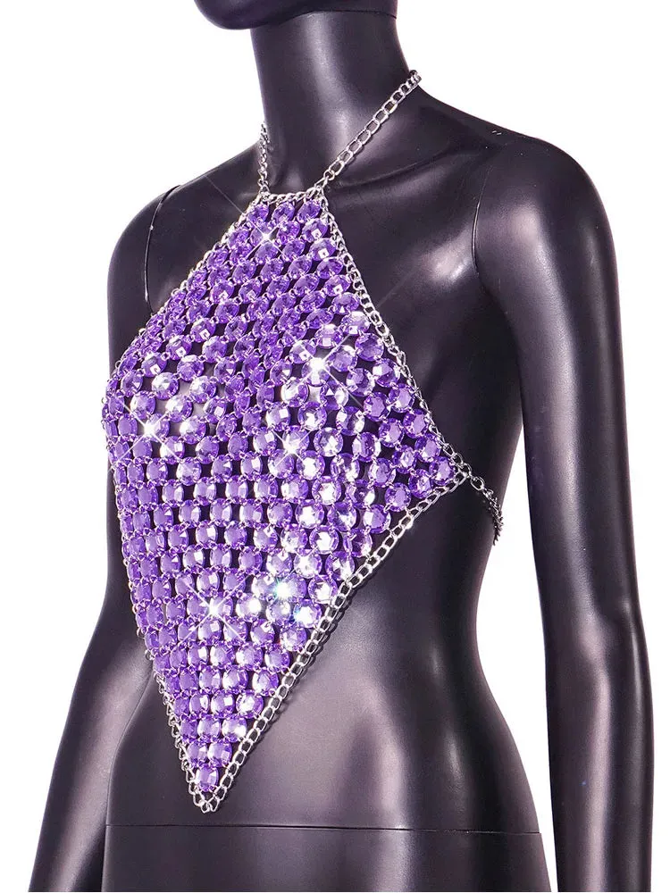 2024 Purple Metal Chain Halter Rave Tank Top