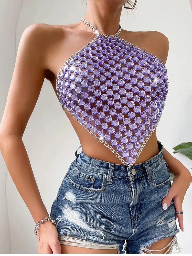 2024 Purple Metal Chain Halter Rave Tank Top