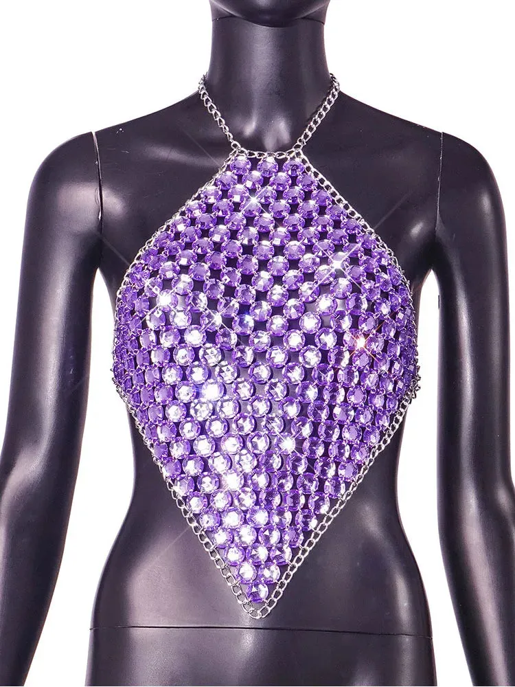 2024 Purple Metal Chain Halter Rave Tank Top