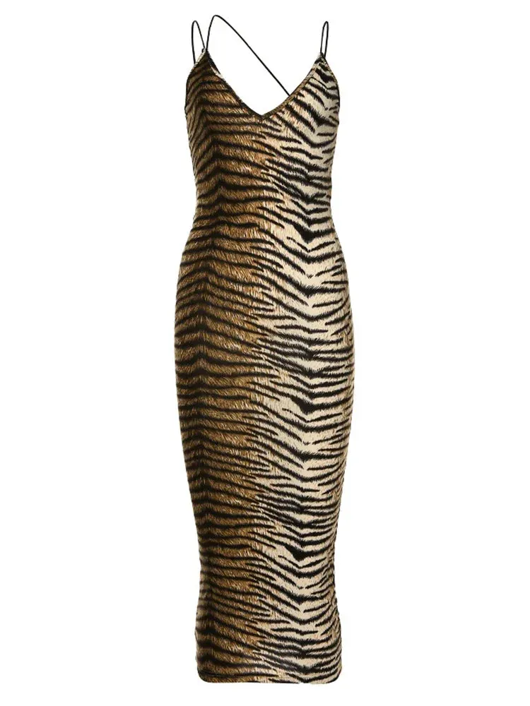 2024 Tiger Print Spaghetti Strap V-Neck Party Clubwear Maxi Dress