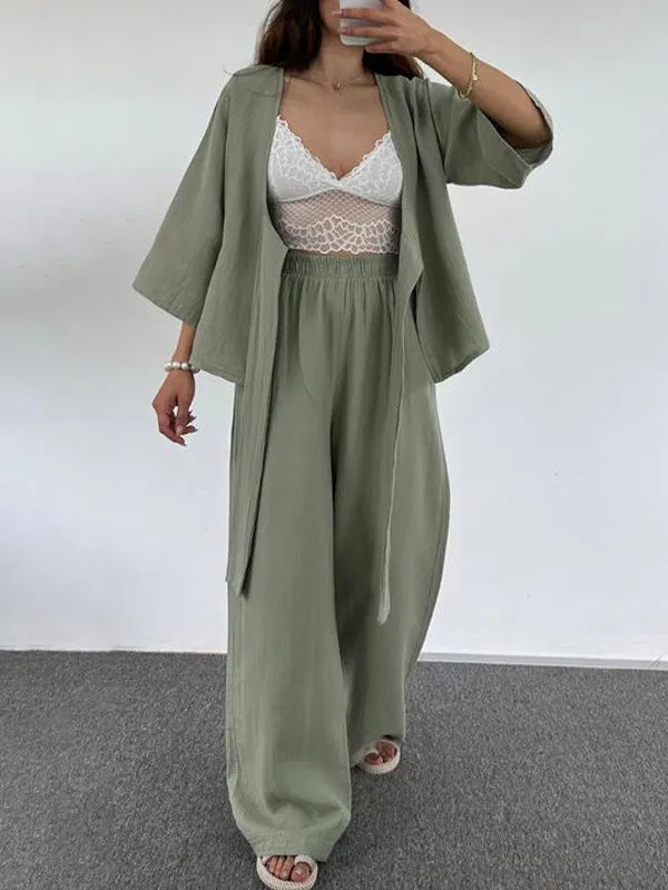 2Pcs Cropped Sleeve Tie Up Lounge Set