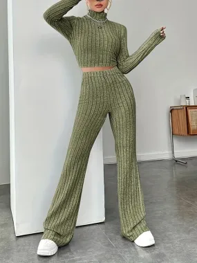 2Pcs Turtleneck Crop Top Knit Set