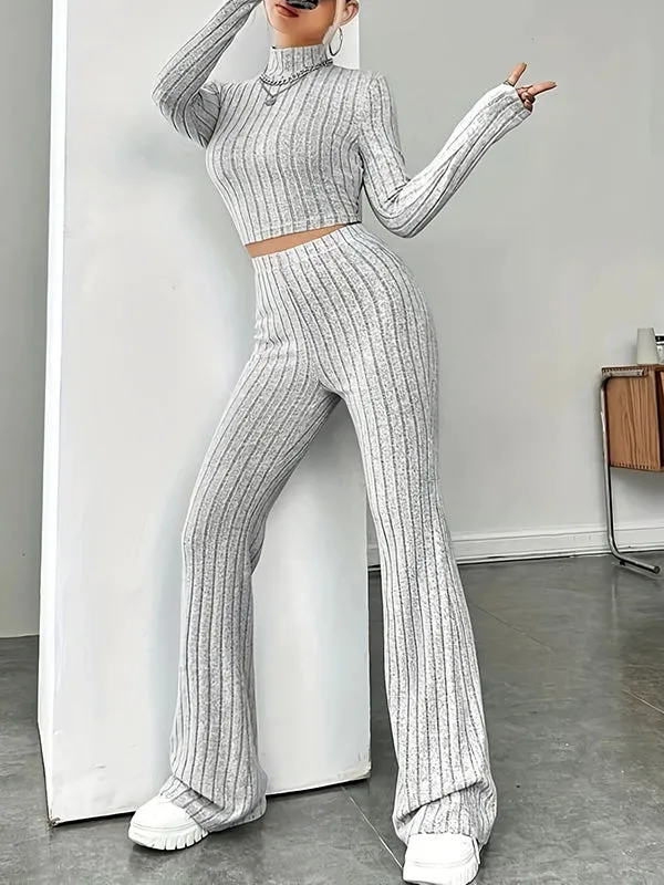 2Pcs Turtleneck Crop Top Knit Set