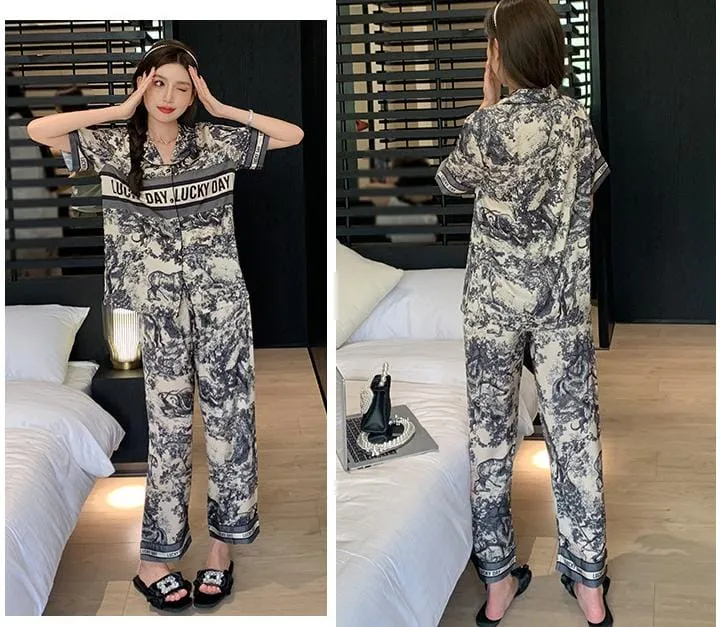 2Piece Women's Like Silk Pajamas Sets Short-Sleeve Tops & Long Trousers Print Sleepwear Home Ladies Pijamas M X4987049