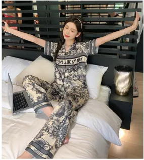 2Piece Women's Like Silk Pajamas Sets Short-Sleeve Tops & Long Trousers Print Sleepwear Home Ladies Pijamas M X4987049