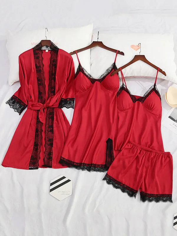 4pcs Solid Lace Satin Pajamas