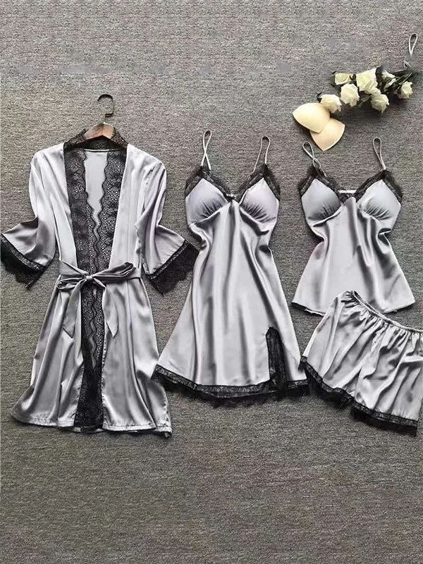 4pcs Solid Lace Satin Pajamas