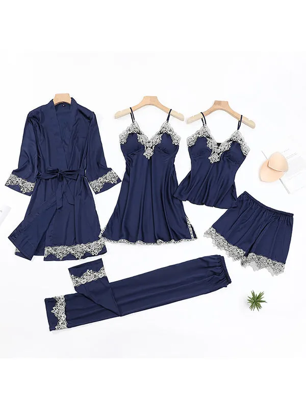 5pcs Lace Satin Pajama Set