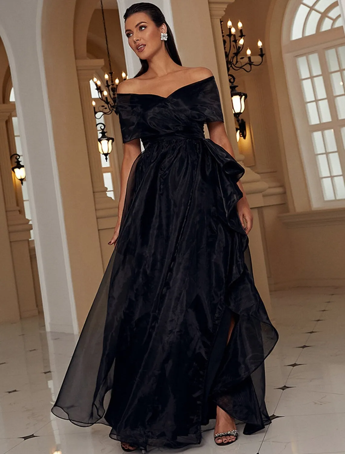 A-Line Black Evening Gown Sexy Dress Formal Floor Length Short Sleeve Off Shoulder with Ruffles Slit