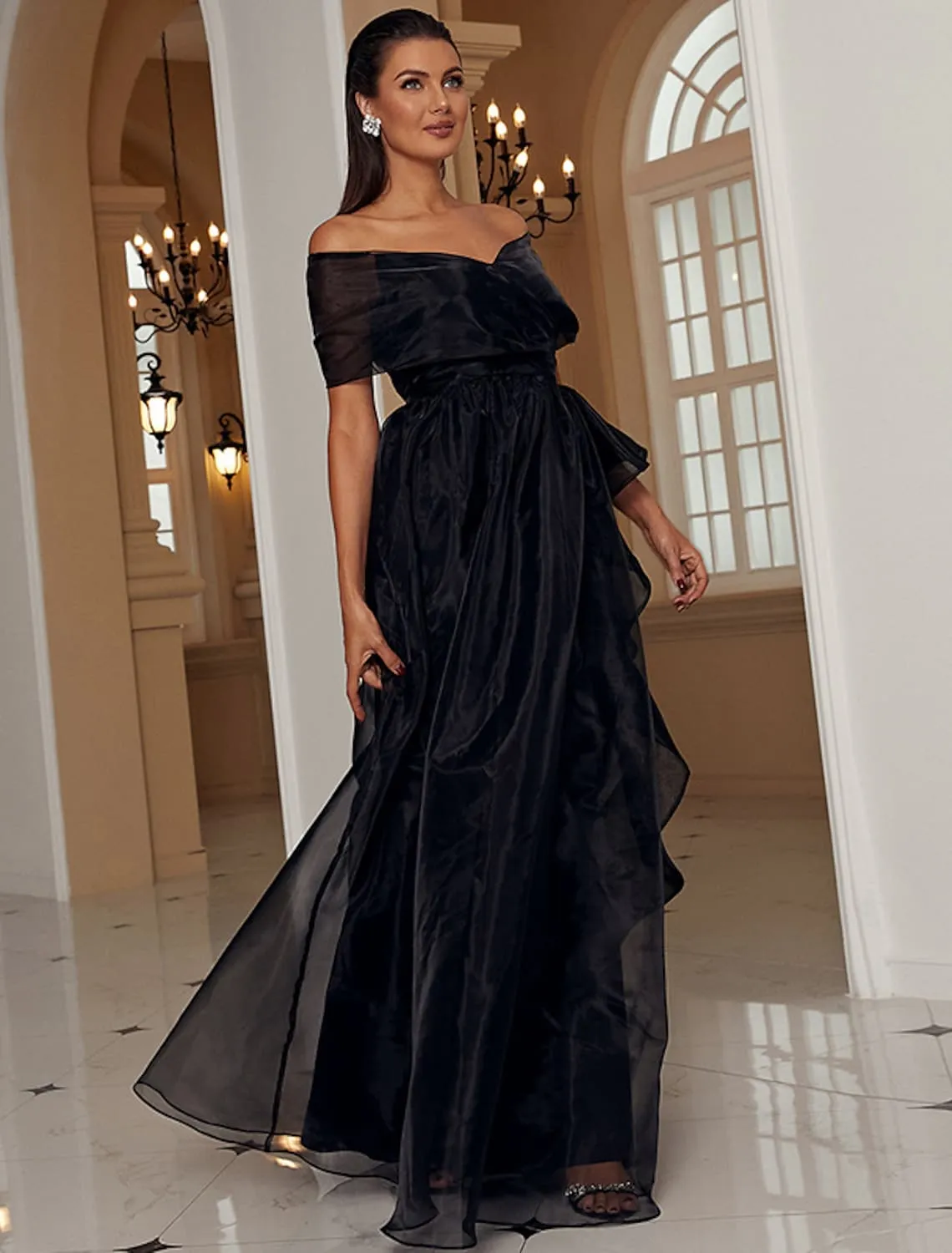 A-Line Black Evening Gown Sexy Dress Formal Floor Length Short Sleeve Off Shoulder with Ruffles Slit