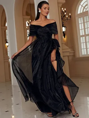 A-Line Black Evening Gown Sexy Dress Formal Floor Length Short Sleeve Off Shoulder with Ruffles Slit