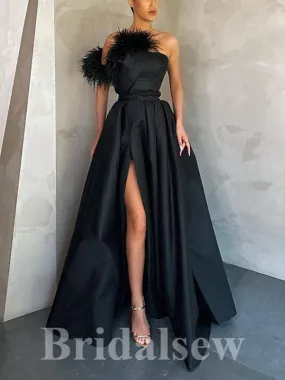 A-line Black Unique Strapless Satin Elegant Modest Long Party Evening Prom Dresses PD1293