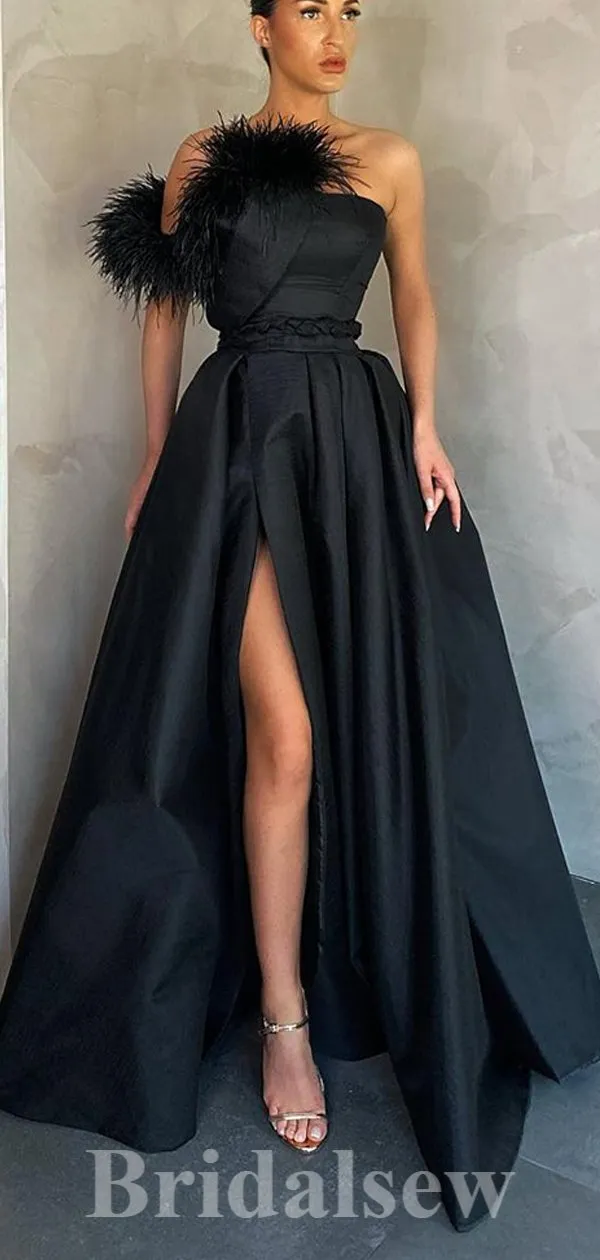 A-line Black Unique Strapless Satin Elegant Modest Long Party Evening Prom Dresses PD1293