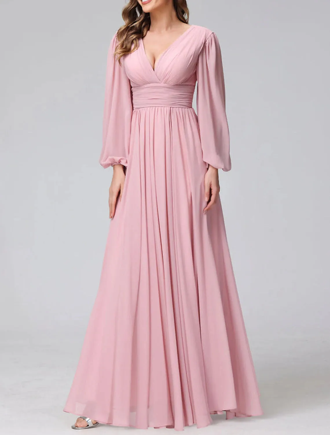 A-Line Bridesmaid Dress V Neck Long Sleeve Pink Floor Length Chiffon with Split Front / Ruching