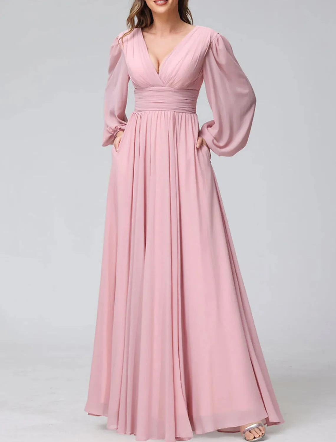 A-Line Bridesmaid Dress V Neck Long Sleeve Pink Floor Length Chiffon with Split Front / Ruching