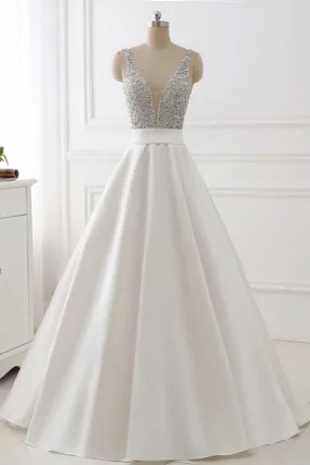 A Line Brush Train Deep V Neck Sleeveless Beading Prom Dresses