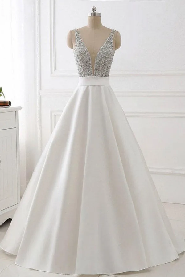 A Line Brush Train Deep V Neck Sleeveless Beading Prom Dresses