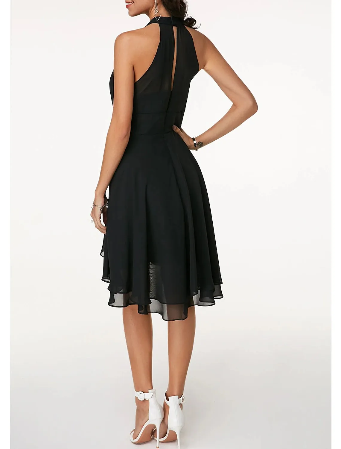 A-Line Cocktail Dresses Party Dress Wedding Guest Engagement Knee Length Sleeveless Halter Neck Chiffon V Back with Sleek Tiered