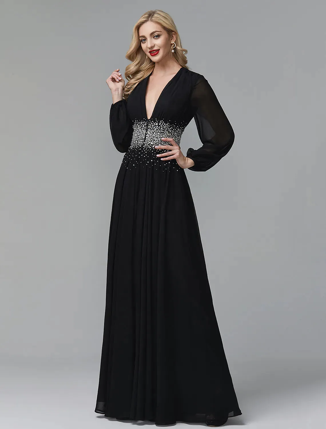 A-Line Evening Dress Celebrity Red Carpet Formal Gown Black Wedding Guest Floor Length Long Sleeve V Neck Chiffon with Sequin