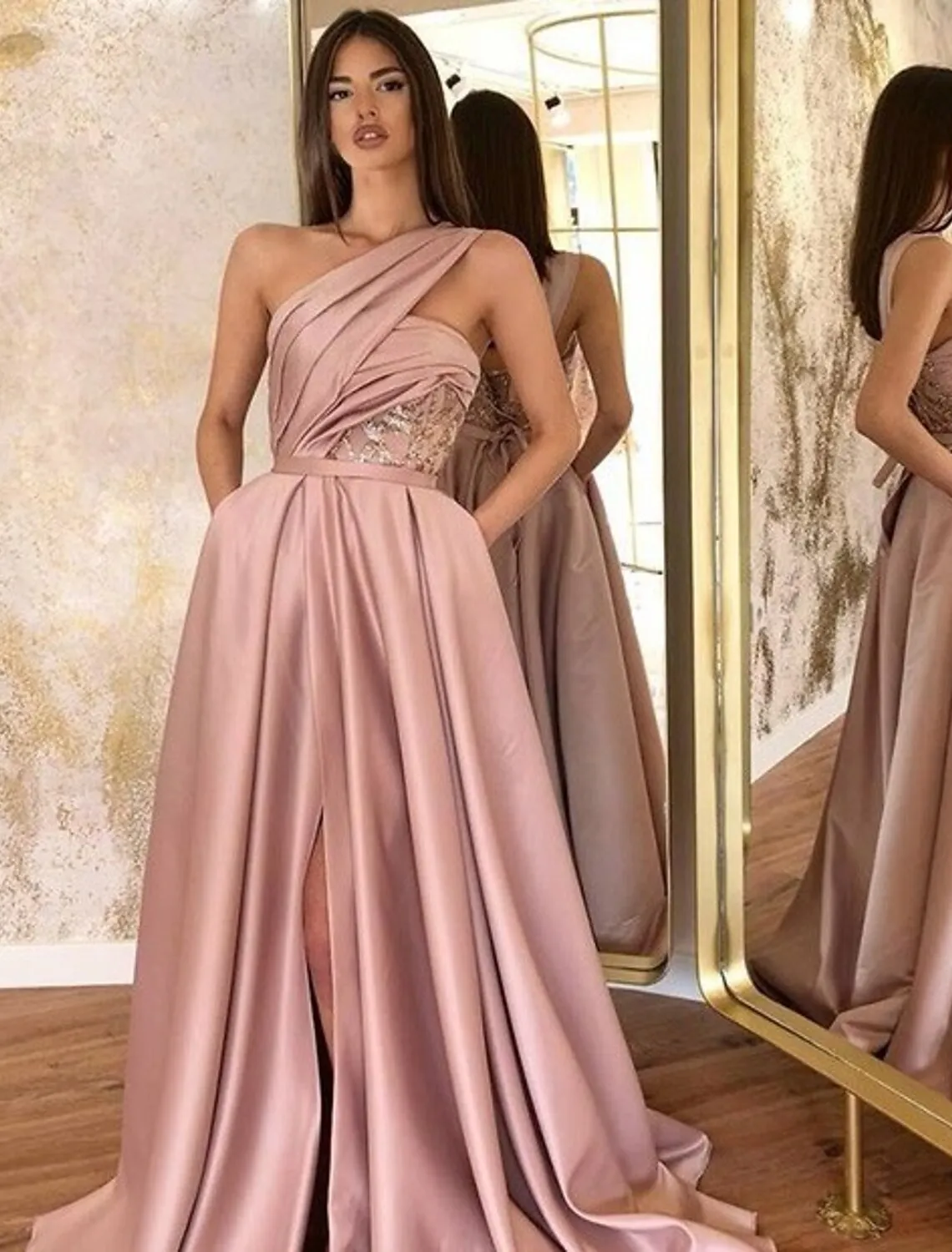 A-Line Evening Gown Celebrity Style Dress Formal Wedding Guest Floor Length Sleeveless One Shoulder Satin with Ruched Slit