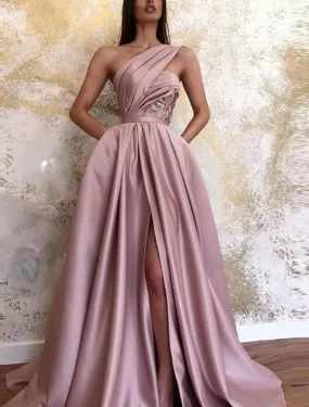 A-Line Evening Gown Celebrity Style Dress Formal Wedding Guest Floor Length Sleeveless One Shoulder Satin with Ruched Slit