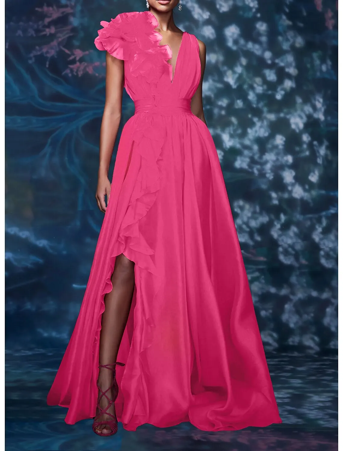 A-Line Evening Gown Celebrity Style Dress Formal Wedding Guest Floor Length Sleeveless V Neck Chiffon with Slit Pure Color