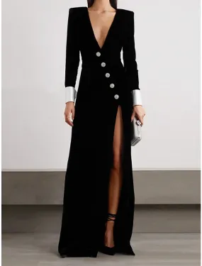 A-Line Evening Gown Elegant Dress Formal Black Dress Floor Length Long Sleeve V Neck Velvet with Buttons Slit