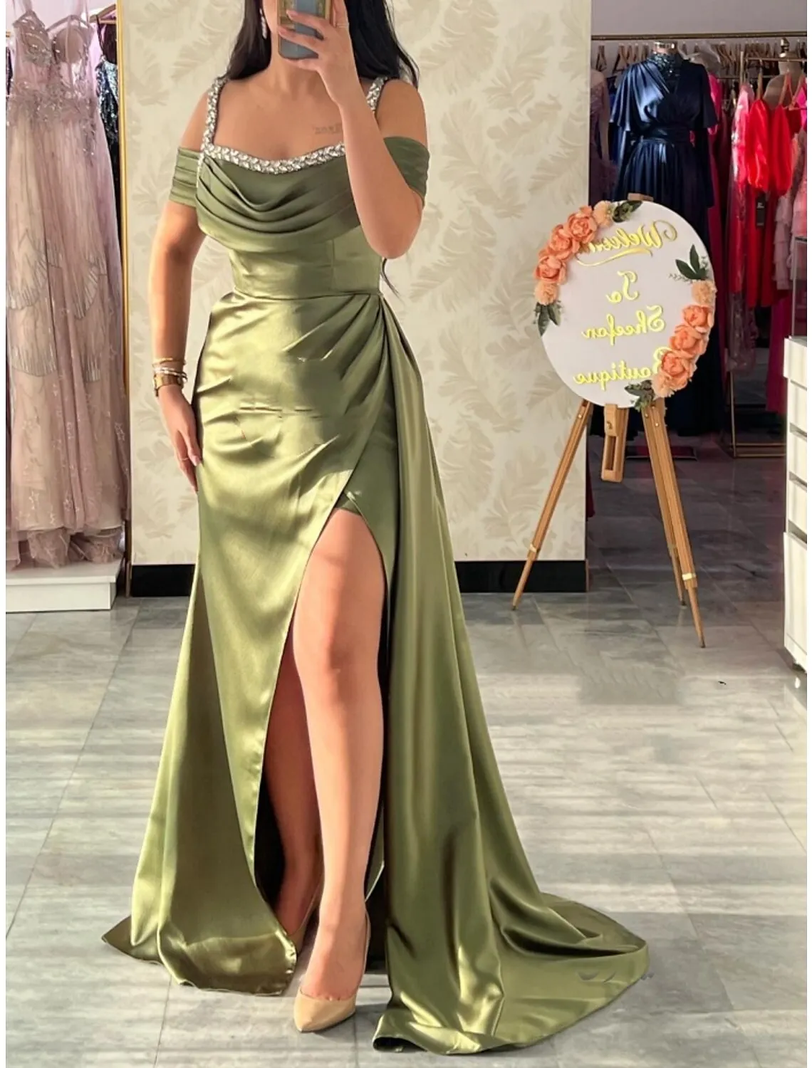 A-Line Evening Gown Elegant Dress Formal Court Train Short Formal Red Green Dress Sleeve Square Neck Satin with Pleats Ruched Crystals