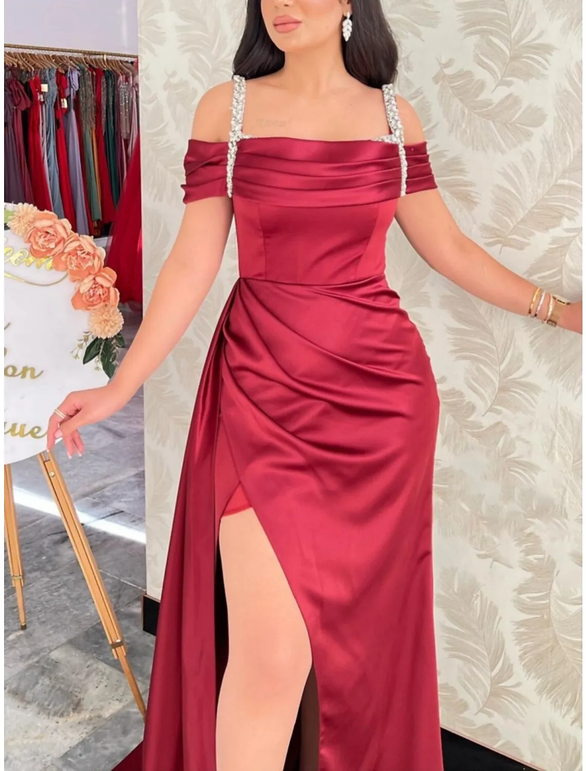 A-Line Evening Gown Elegant Dress Formal Court Train Short Formal Red Green Dress Sleeve Square Neck Satin with Pleats Ruched Crystals