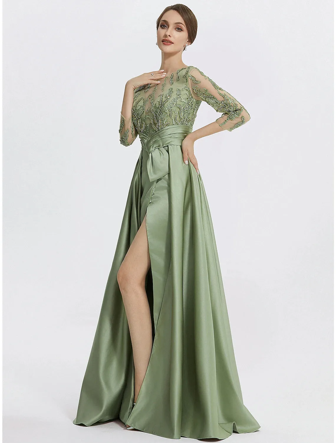 A-Line Evening Gown Elegant Dress Formal Floor Length 3/4 Length Sleeve Jewel Neck Satin with Slit Embroidery Appliques