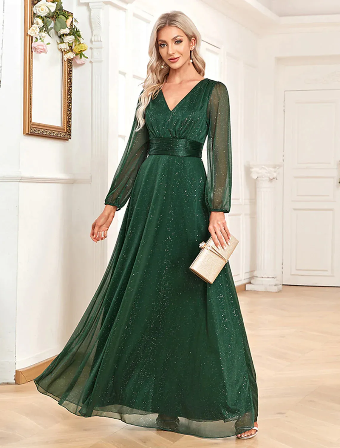 A-Line Evening Gown Elegant Dress Formal Floor Length Long Sleeve V Neck Chiffon with Sequin