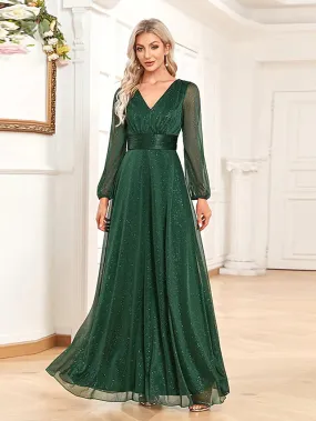 A-Line Evening Gown Elegant Dress Formal Floor Length Long Sleeve V Neck Chiffon with Sequin