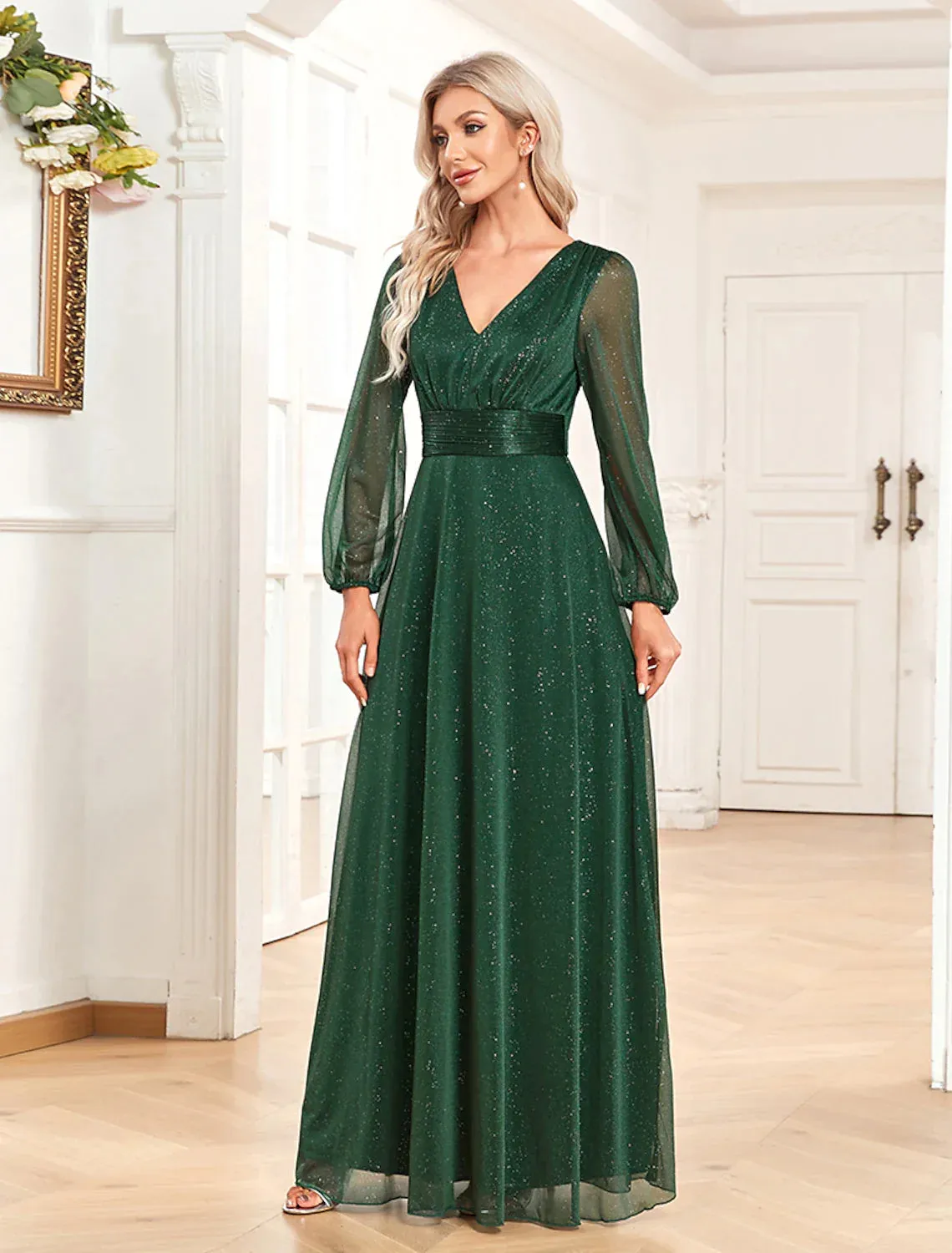 A-Line Evening Gown Elegant Dress Formal Floor Length Long Sleeve V Neck Chiffon with Sequin