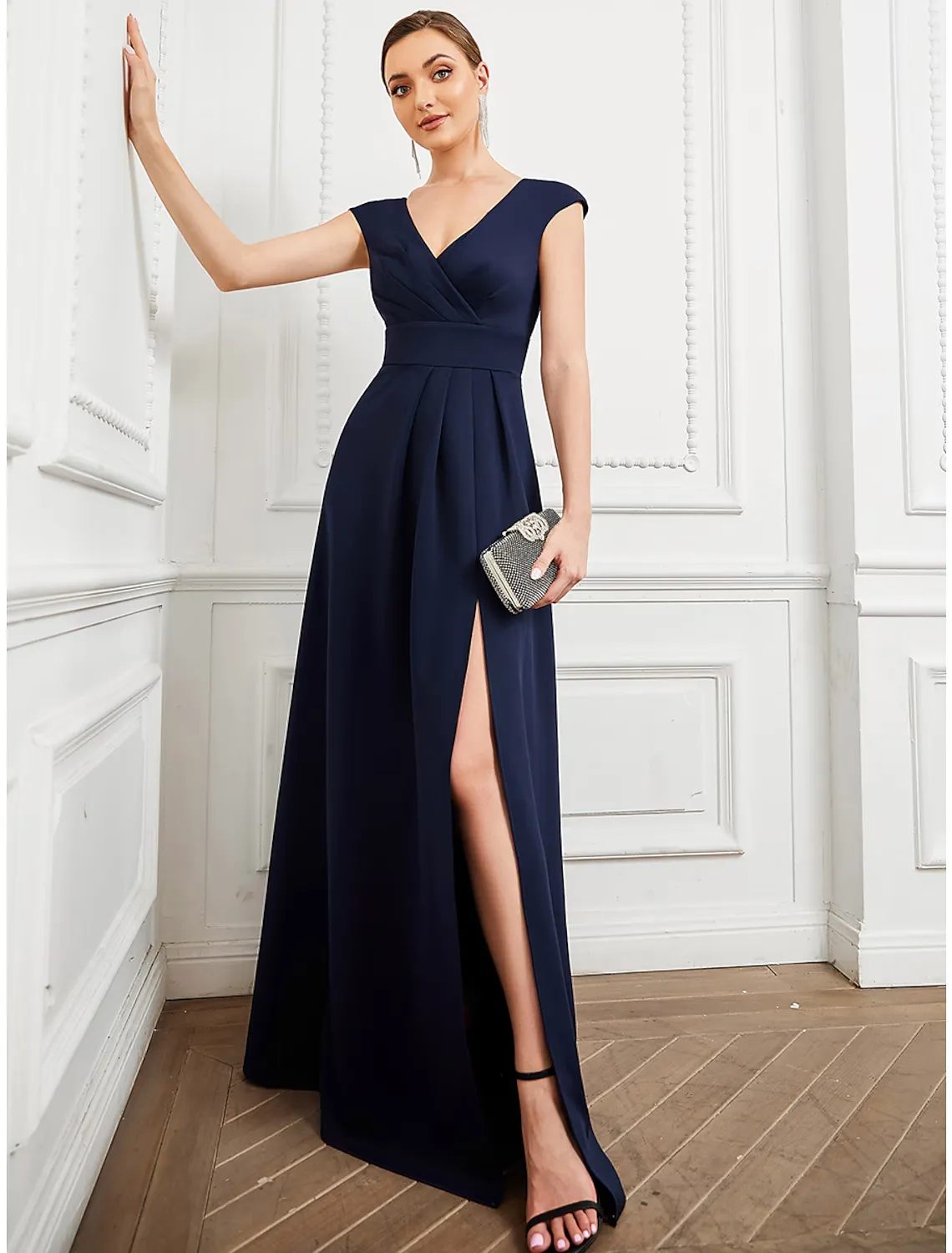 A-Line Evening Gown Elegant Dress Formal Floor Length Sleeveless V Neck Polyester V Back with Draping Slit