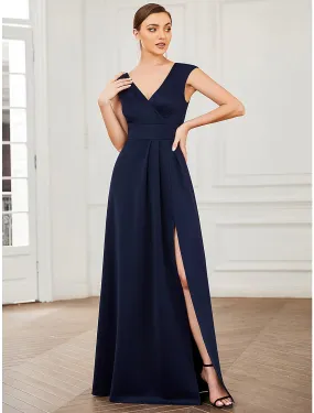 A-Line Evening Gown Elegant Dress Formal Floor Length Sleeveless V Neck Polyester V Back with Draping Slit