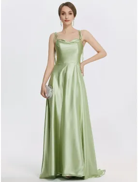 A-Line Evening Gown Elegant Dress Formal Prom Floor Length Sleeveless Spaghetti Strap Satin with Ruched Slit Strappy