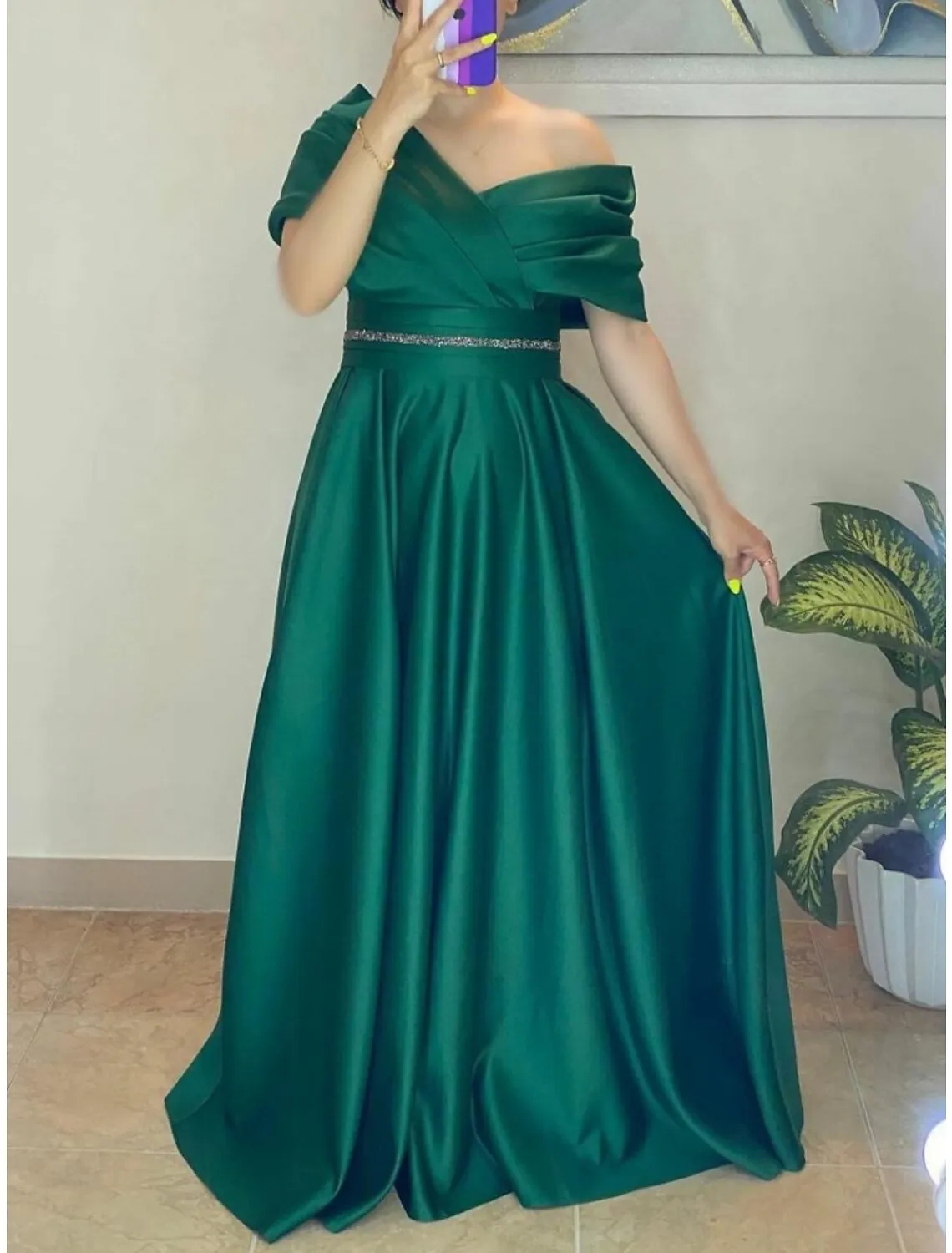 A-Line Evening Gown Elegant Dress Formal Sweep / Brush Train Christmas Red Green Dress Short Sleeve Off Shoulder Satin with Pleats Crystals