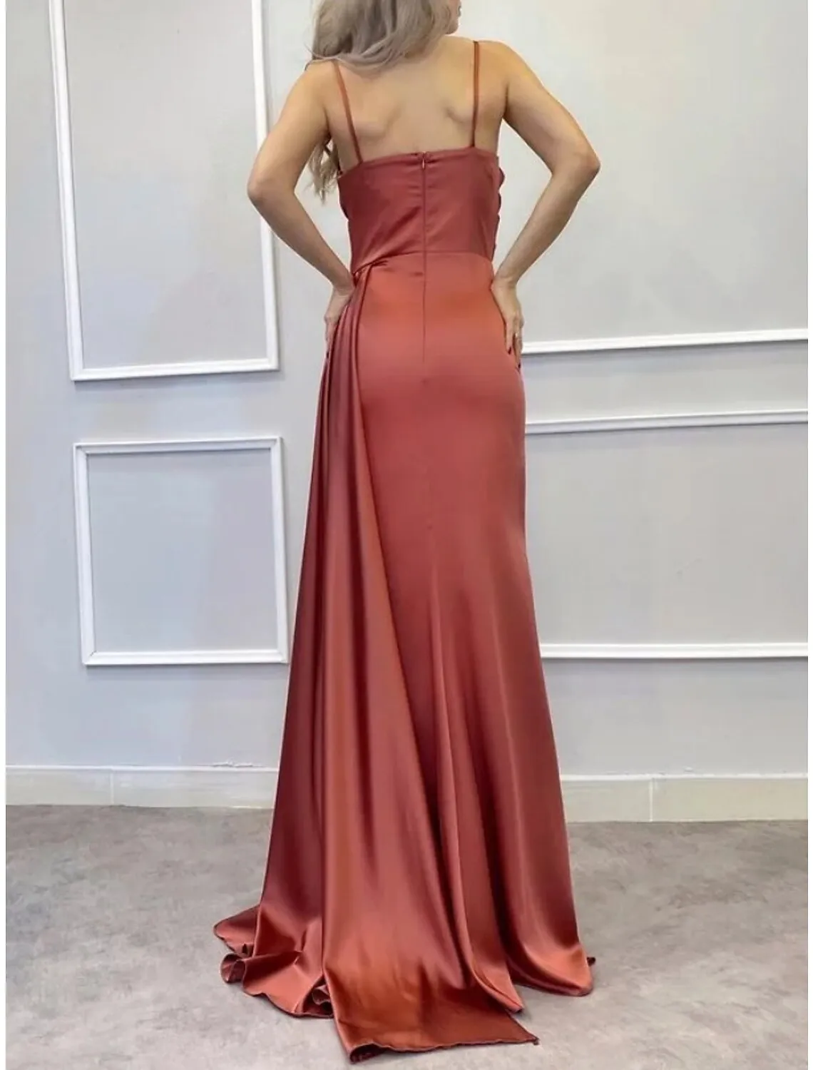 A-Line Evening Gown Elegant Dress Formal Sweep / Brush Train Sleeveless Spaghetti Strap Imitation Silk with Pleats Ruched Sequin