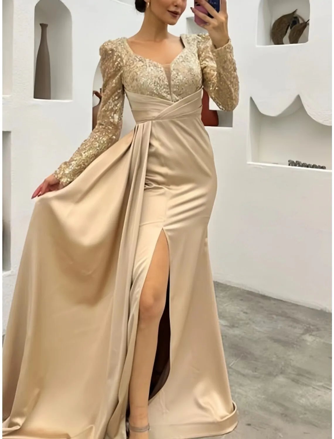 A-Line Evening Gown Elegant Dress Formal Wedding Guest Court Train Long Sleeve Square Neck Satin with Ruched Sequin Slit