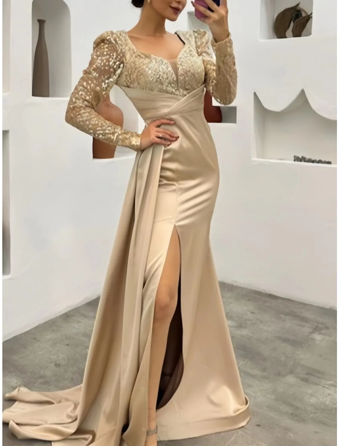 A-Line Evening Gown Elegant Dress Formal Wedding Guest Court Train Long Sleeve Square Neck Satin with Ruched Sequin Slit