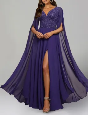 A-Line Evening Gown Elegant Dress Formal Wedding Guest Floor Length Long Sleeve V Neck Chiffon Backless with Slit Appliques